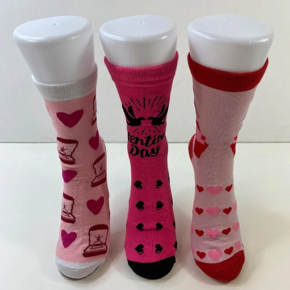 Valentine’s Day Themed Socks 3-Pack Women’s Crew Styles Fun Pink Heart Prints